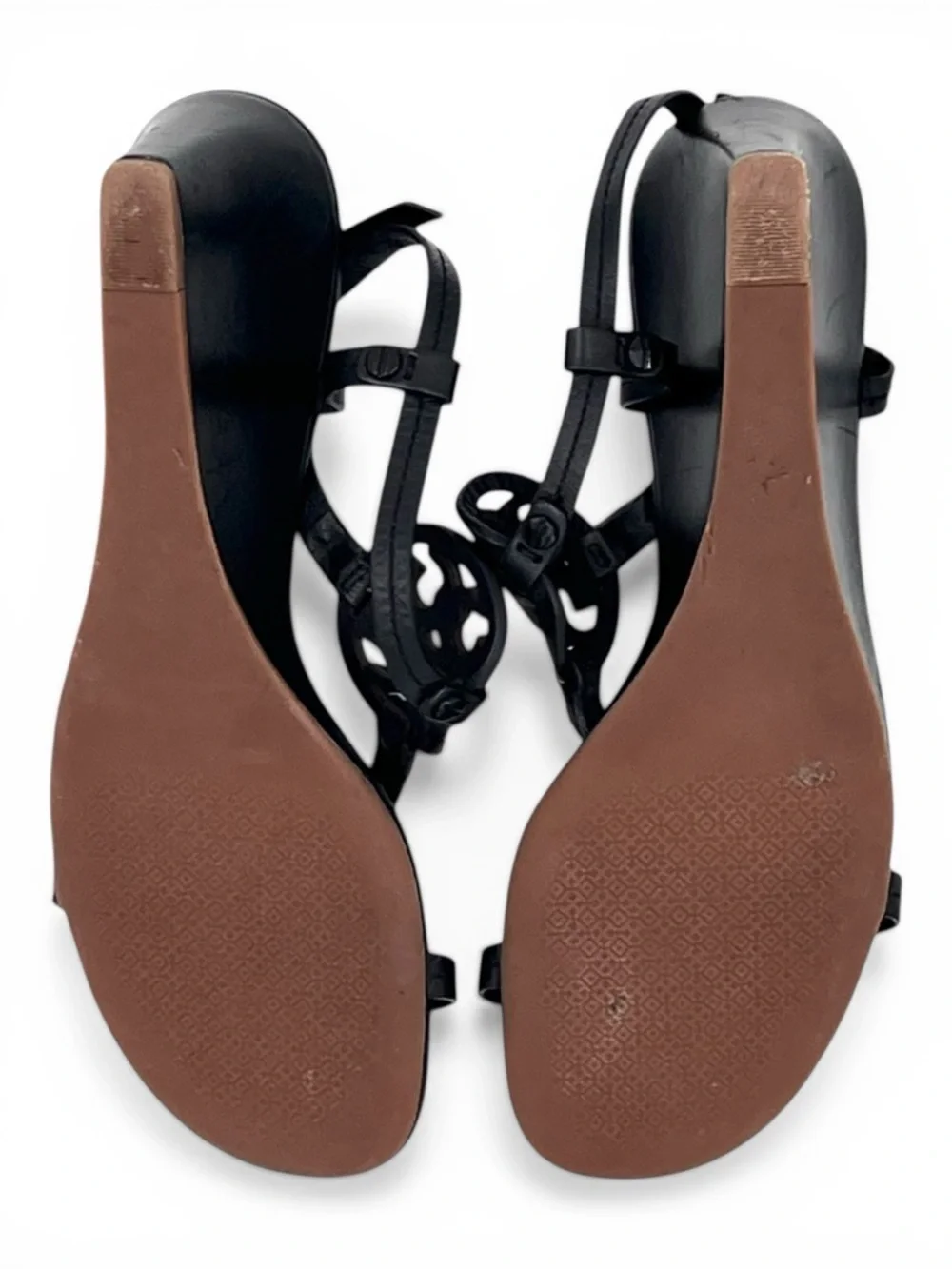 Tory Burch Miller Wedge Sandals Perfect Black Leather Logo T Strap Size 8